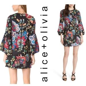 Alice + Olivia Thym Trumpet Sleeve Floral Dress
